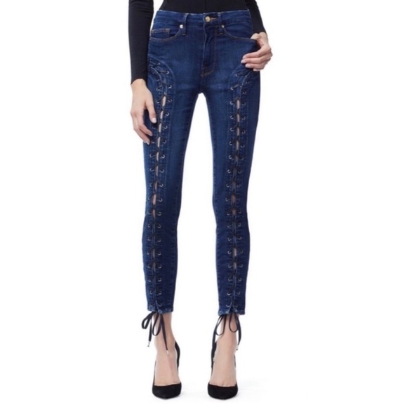 Good American Good Waist High Rise Lace Up Ankle Denim Jeans Size 2 Stretch - Picture 1 of 9